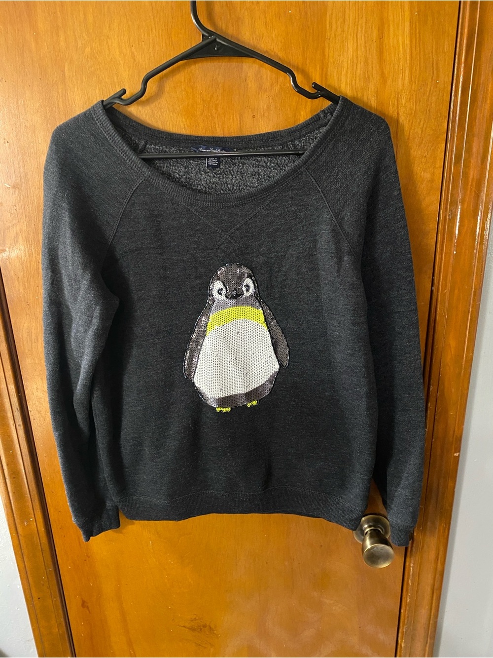 Charcoal Penguin Sequin & Bead Accent Women's Boatneck Sweatshirt